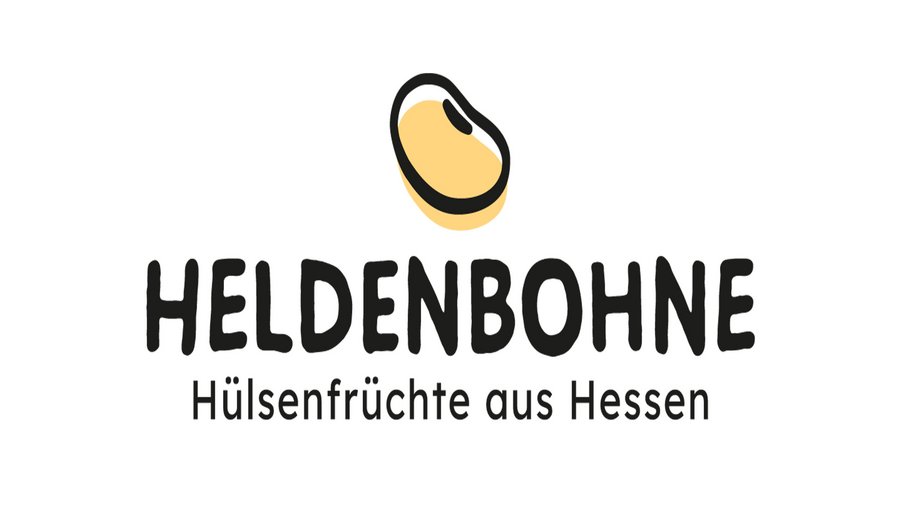 Logo Heldenbohne - in der Mitte ist symbolisch eine Bohne darunter steht in schwarzer Schrift - Heldenbohne Hülsenfrüchte aus Hessen