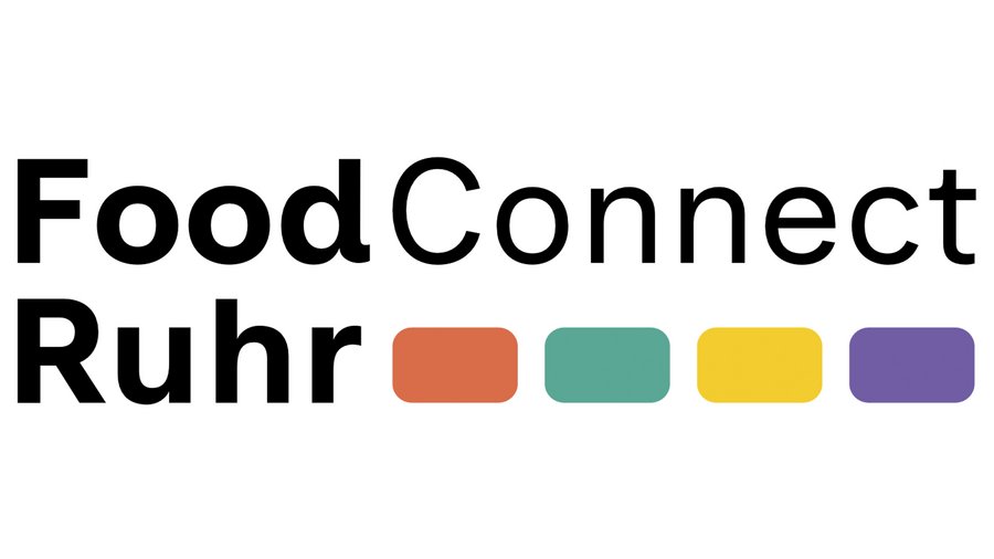 Logo FoodConnect Ruhr - Schwarz auf weiß Food Connect in einer Zeile, darunter Ruhr, neben Ruhr sind 4 Rechtecke zu sehen von links nach rechts in den Farben: rot, grün, gelb, lila