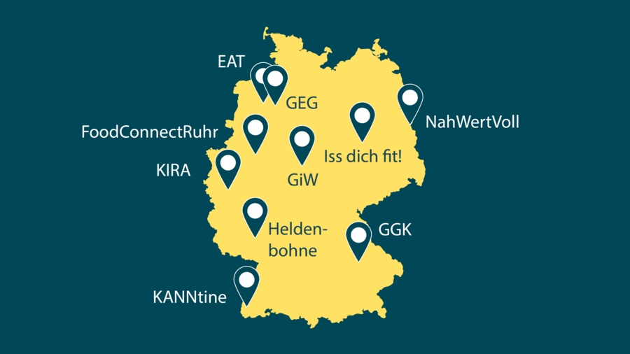 Deutschlandkarte mit den Modellregionen - für jedes Projekt ist in der zugehörigen Region ein symbolischer Pin gesetzt